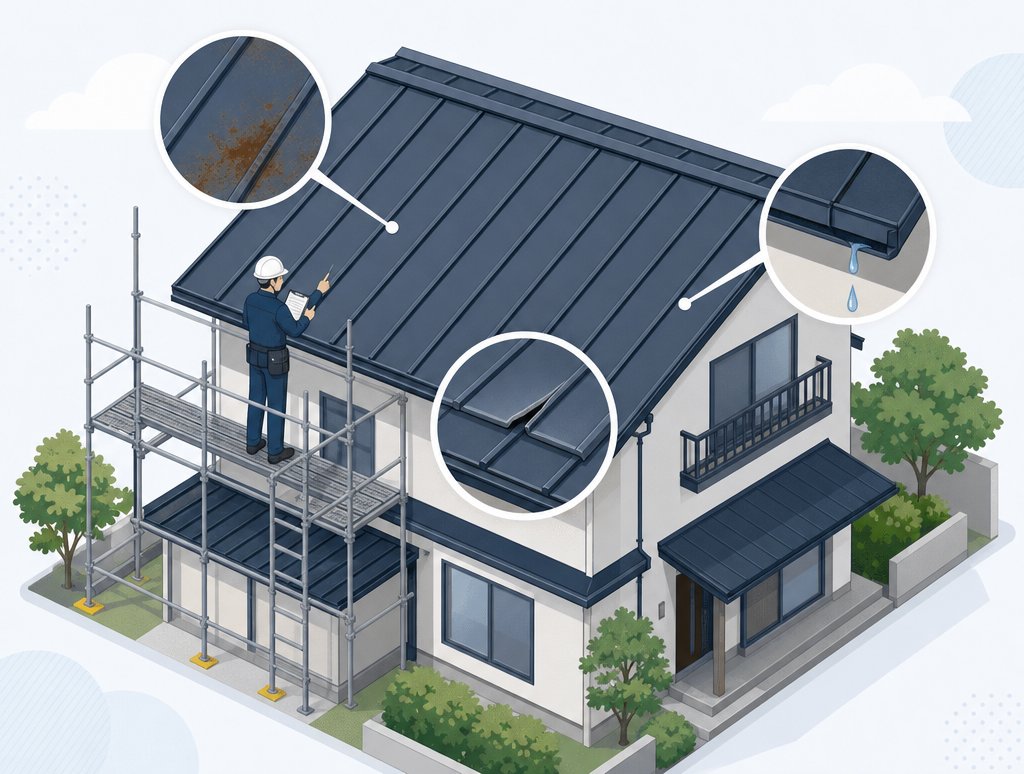 屋根の劣化症状（サビ・雨漏り・破損）を点検するイラスト